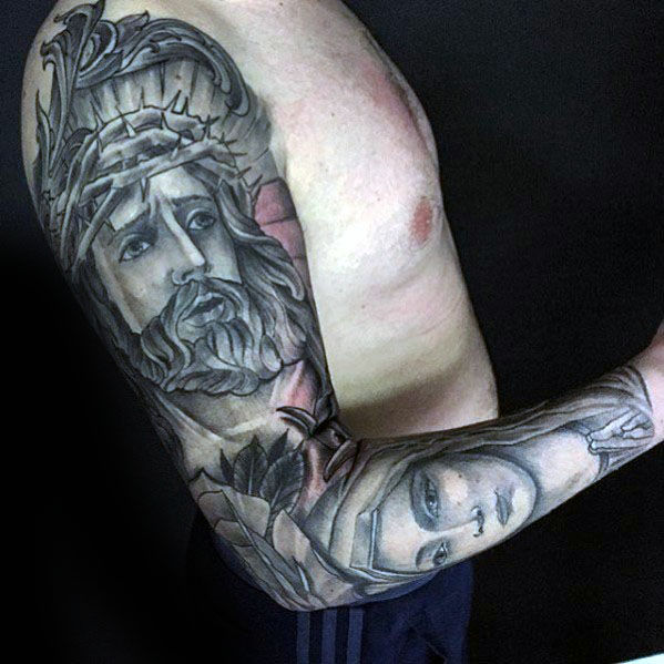 50 Jesus Sleeve Tattoo Designs für Männer - religiöse Tinte Ideen  