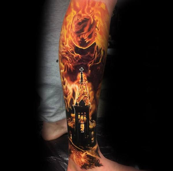 60 brennende Kirche Tattoo Designs für Männer - flammende Tinte Ideen  