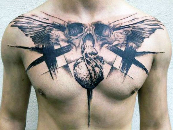 50 Schädel Brust Tattoo Designs für Männer - Eindringliche Tinte Ideen  