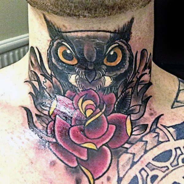 30 Eule Hals Tattoo Designs für Männer - Vogel Tinte Ideen  