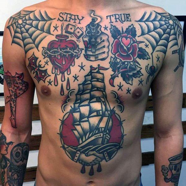 60 Traditionelle Brust Tattoo Designs für Männer - Old School Ink Ideen  