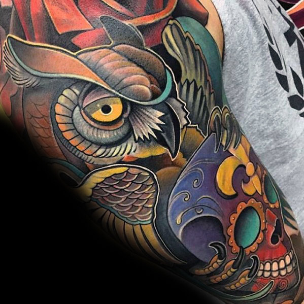 50 Eule Ärmel Tattoos für Männer - nächtliche Vogel Design-Ideen  