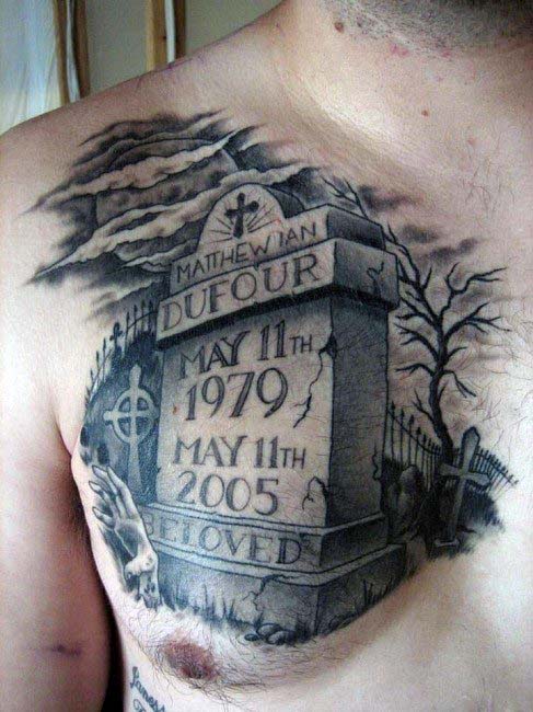 50 Grabstein Tattoos für Männer - Memorial Stone Designs  
