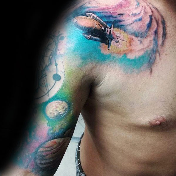 40 Raumschiff Tattoo Designs für Männer - Weltraum-Tinte Ideen  